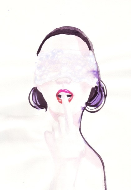 Print of Watercolor Painting, Fashion Illustration, Watercolor Painting, illustration by Ioana Avram, red lips and black hair, lace