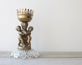Vintage upcycled candle holder / Victorian style / cottage chic / gold / patina / glass / cherub / regency / French country / home decor