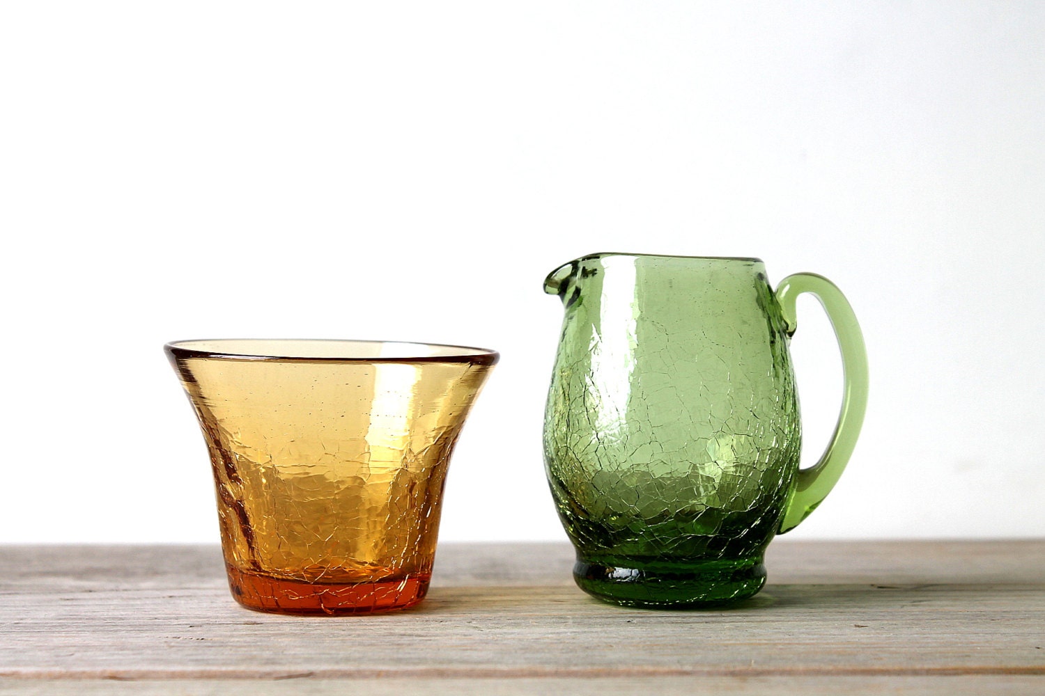 Vintage Blenko crackle glass set / American art glass / handblown crackle glass / amber / green / gold / pine green / collectible glass