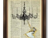 Art Print / Poster - Happy Swinging Girl - ORIGINAL ARTWORK hand painted Mixed Media on Vintage Dictionary page, Unique art, Retro print