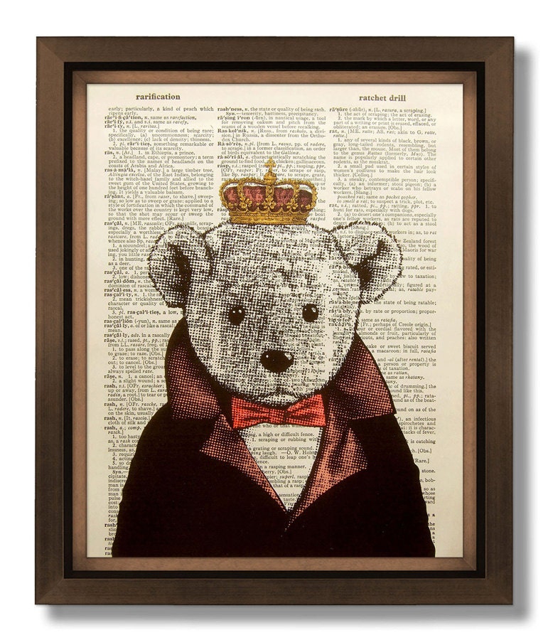Children Wall Art Cute Children Art Print Funny Animal Art Print on Dictionary Paper Hipster Art Poster Home Office Decor - Teddy Bear King