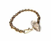crystal quartz point and vintage brass chain bracelet