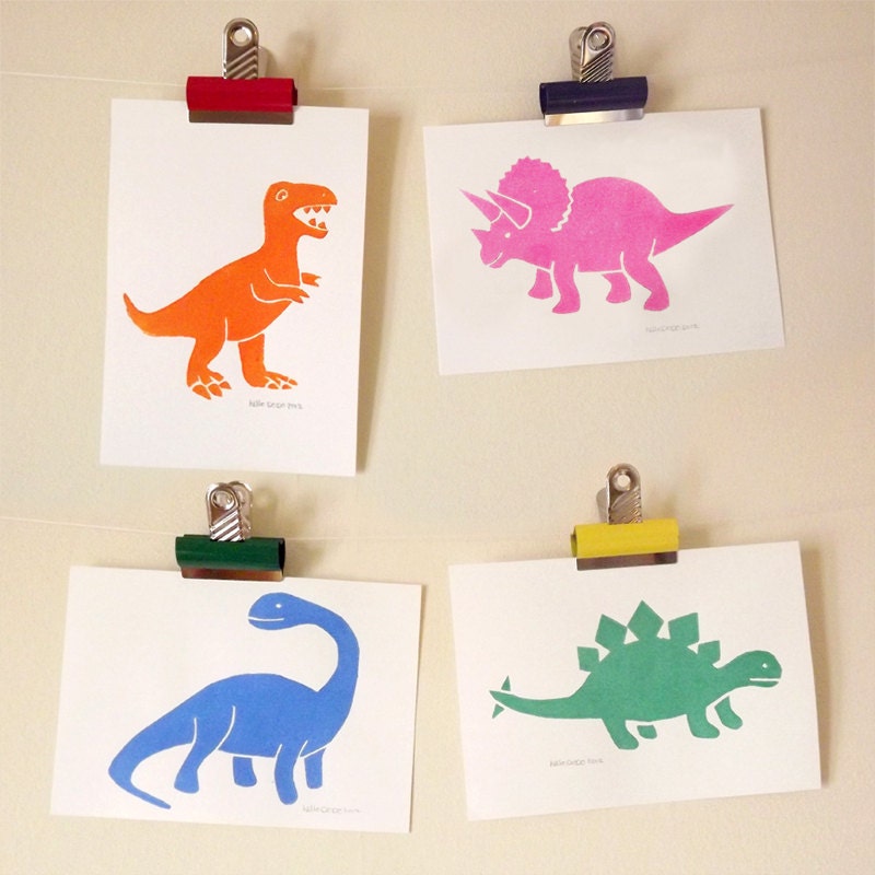 Dinosaurs bedroom decor - 4 A5 Handprinted Relief Prints by hello DODO - T-Rex, Stegosaurus, Brontosaurus and Parasaurolophus