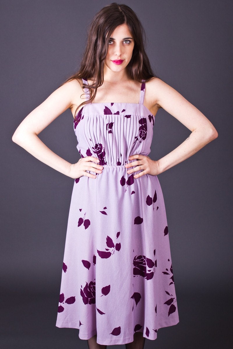 80s Vintage Rose Print Sundress in Lavender & Plum