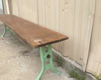 Reclaimed wood bench MINT pistachio green school desk metal legs. Adjustable height. industrial rustic office mudroom foyer