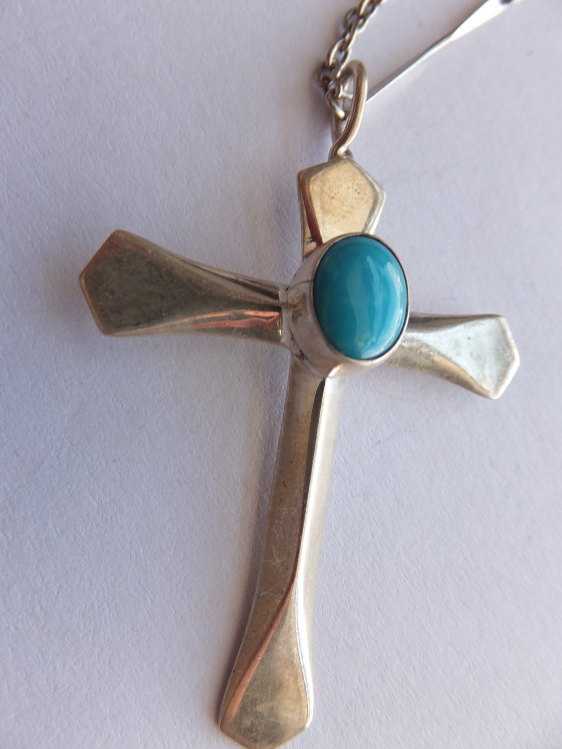 Vintage Sterling Silver Cross with Turquoise Stone signed LM