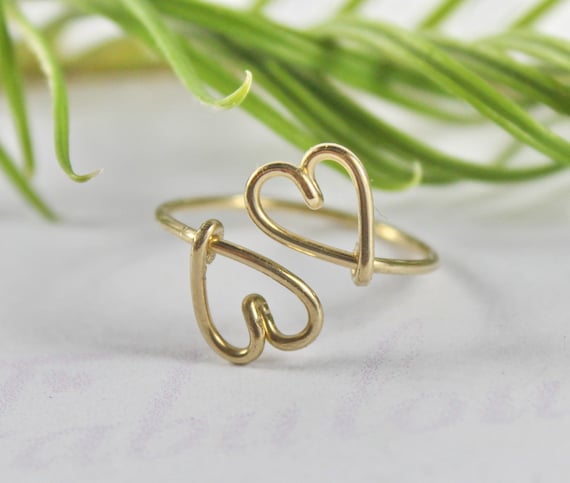 Double Heart Ring - Heart To Heart Love And Friendship Symbol, 14K Gold Filled Wire