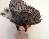 Sale READY TO SHIP Artistic Bird turkey Wing and Peacock feathers sea shells beaded gothic tribal gypsy drape coque headdress headpeice wig