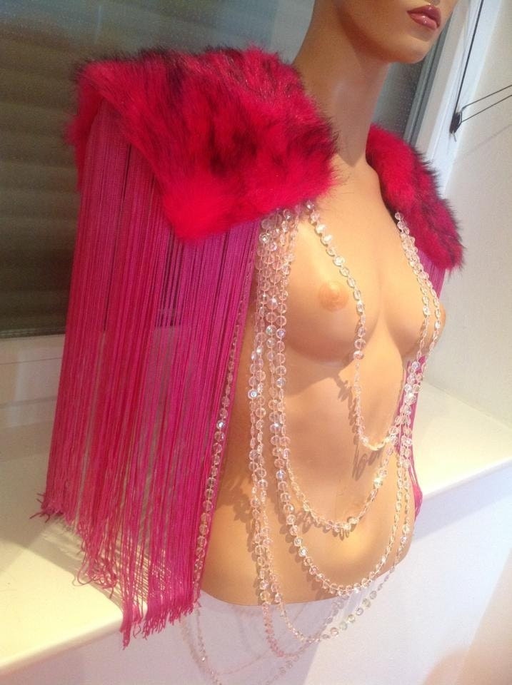 READY TO SHIP Hot pink black faux fur acrylic couture high fashion Epaulets