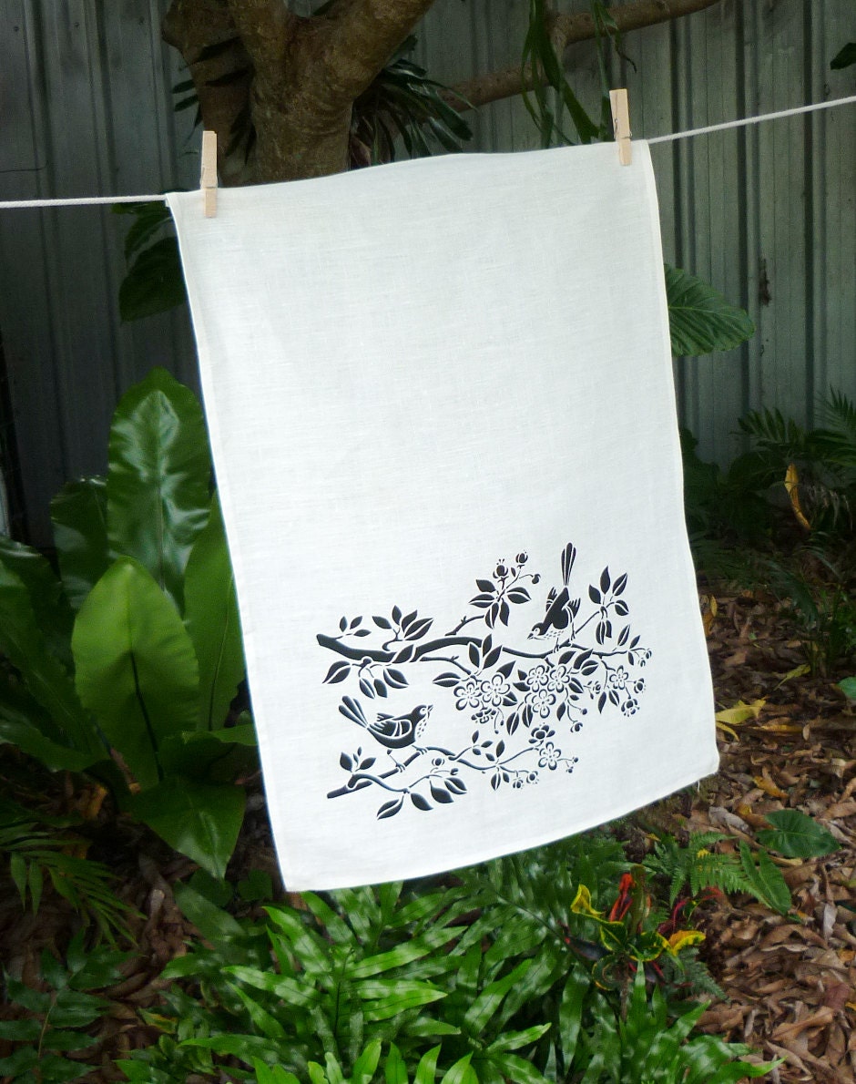 hand printed linen tea towel - Blossom Bird in charcoal