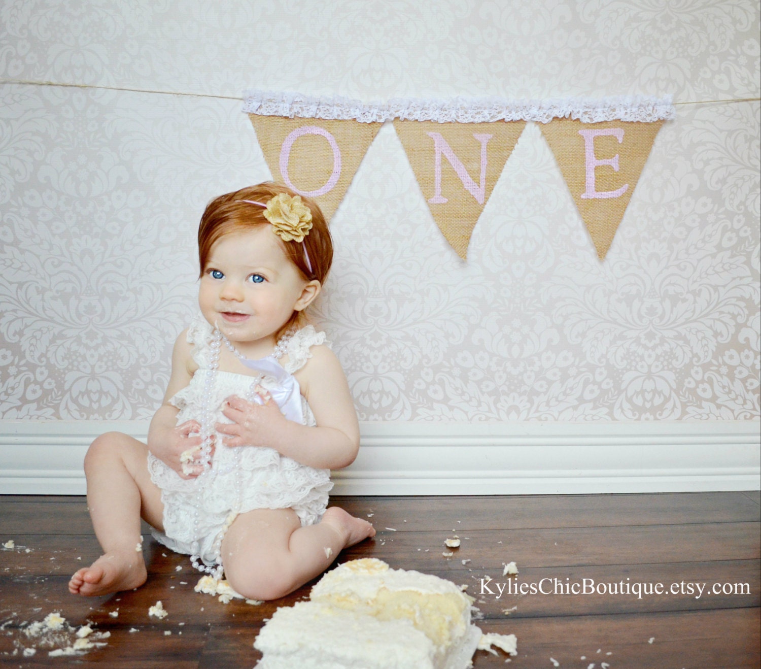 First Birthday Burlap Banner AND Headband - Cake Smash, One birthday, Highchair banner, Photo prop, Girls toddler birthday, Headband