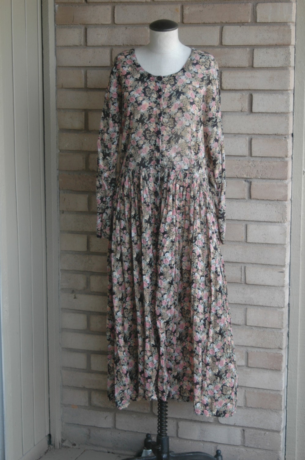 Vintage Sheer Cotton Gauze Rose Print Babydoll Maxi Dress 90s India