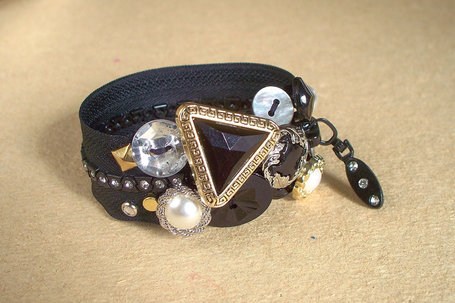 RESERVED Rhinestone Zipper Bracelet Black Pearl Crystal Bling