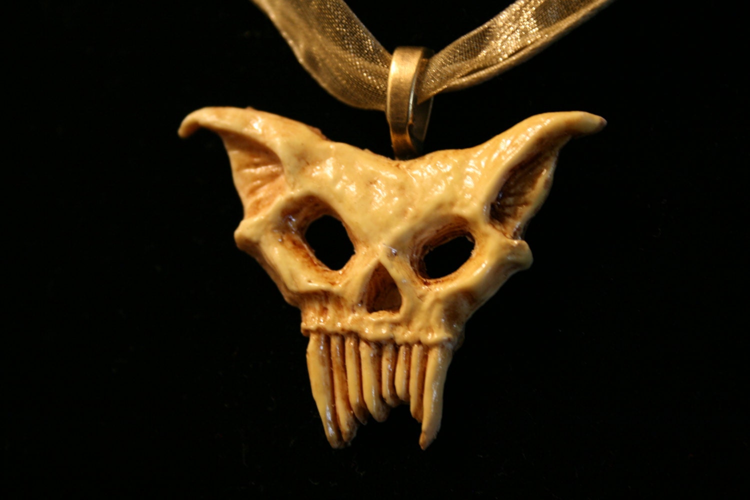 Zombie Cat Skull Pendant - bone white with gold-tone necklace