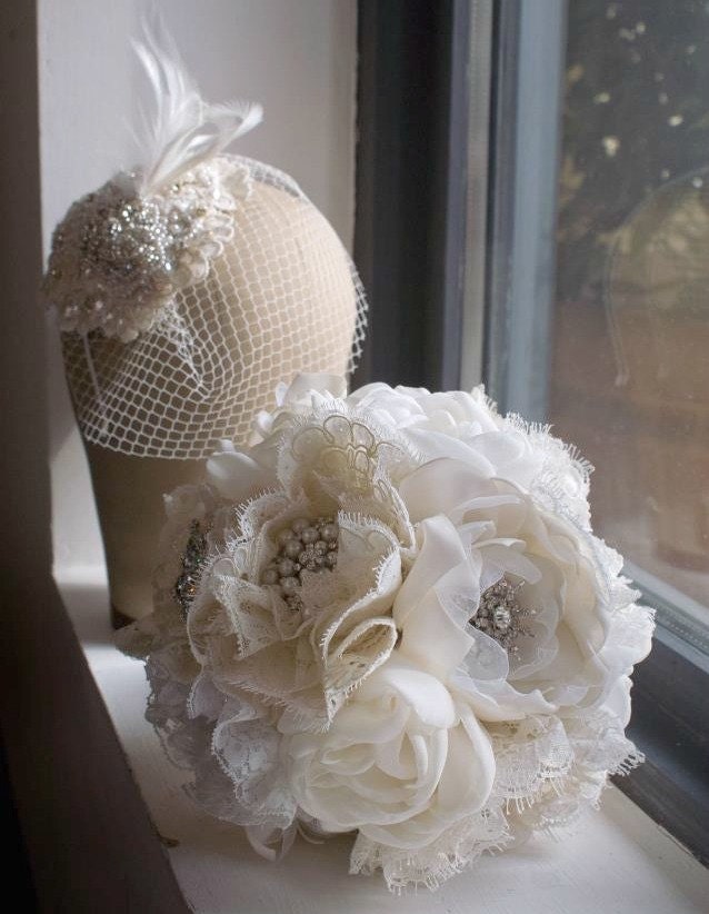 Fabric bridal bouquet, Great Gatsby weddings, 1920's bouquet, Brooch bouquet, Art deco weddings