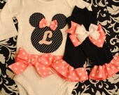 Personalized Red, Magenta, or Pink Minnie Mouse Baby Girl Onesie, Legwarmers, and Bow