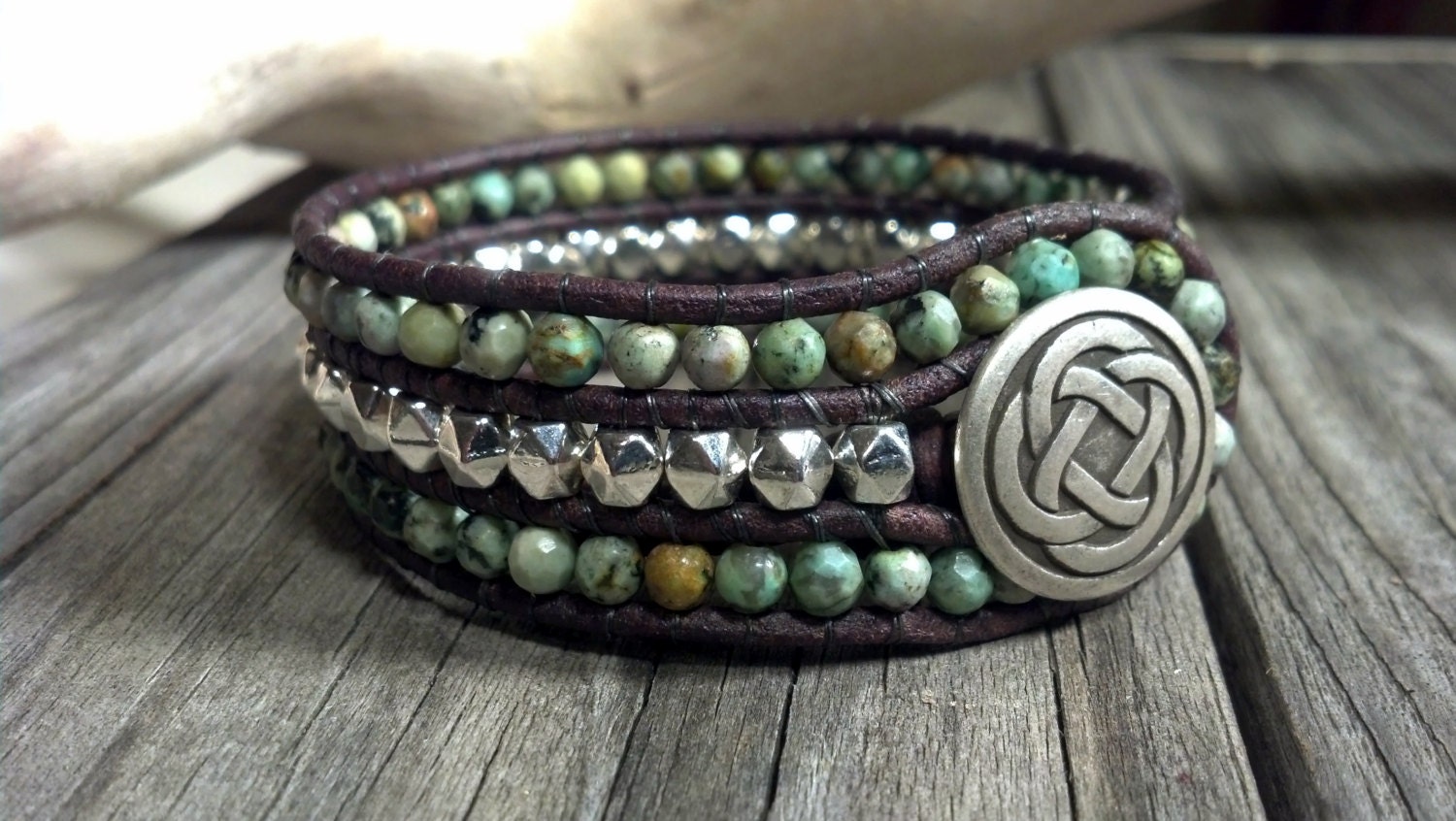Southwest Chic African Turquoise Beaded Leather Cuff Bracelet, Beaded Leather Wrap Bracelet, Gemstone Bracelet