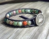 Trendy Fancy Jasper Beaded Leather Wrap Bracelet, Gemstone Leather Bracelet, faceted gemstone