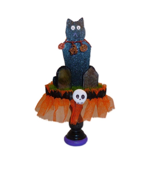 Halloween Folk Art, Graveyard Kitty, Primitive Vintage Inspired Halloween Collectable, Mixed Media Black Cat, One of a Kind Halloween, HAB
