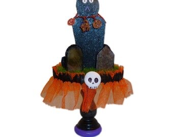Halloween Folk Art, Graveyard Kitty, Primitive Vintage Inspired Halloween Collectable, Mixed Media Black Cat, One of a Kind Halloween, HAB
