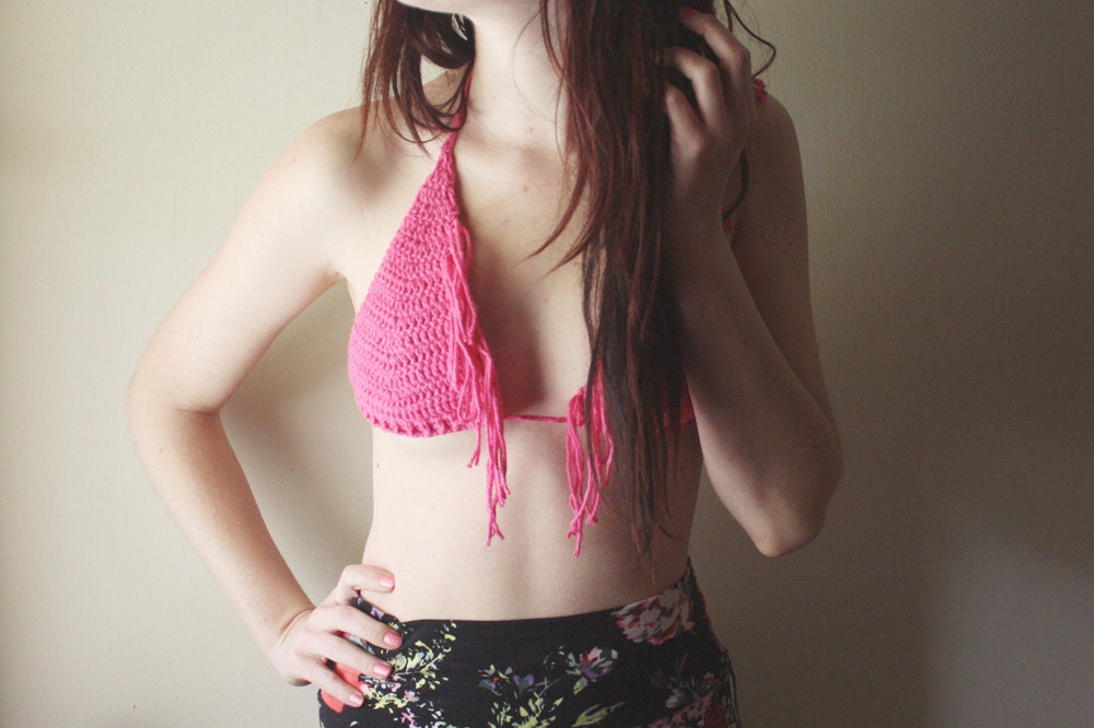 Hot Pink Triangle Fringe Bra / Bikini Top - Made To Order Comes in 5 Neon Colors - Hand Crochet Cotton Swimwear, Vegan Summer Clothing