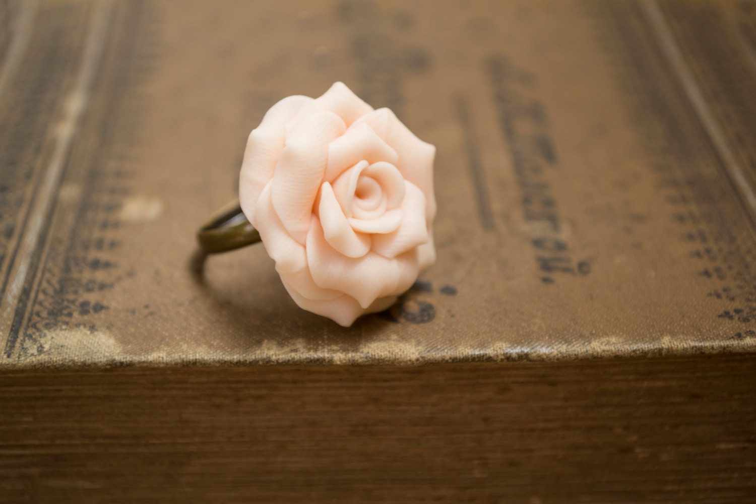 Polymer Clay Rose Ring. Peach Color Flower Ring. Antique Brass. Flower Jewelry.  Adjustable Size
