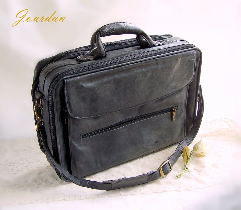 ON SALE:  Charles JOURDAN distressed black leather Bag mens vintage luggage, Retro Boho Travel Messenger Bag Suitcase Laptop Case,Man Bag
