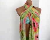 Crinkle Scarf, Floral  Pareo, Summer Blooms, Pink Lime Green