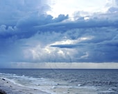 Storm Photography Beach Landscape, Navy Blue Ocean Waves Gray Cloudy Rain Sky, Stormy Sea Clouds, Coastal Cottage Decor 5x7 Art Wall Hanging
