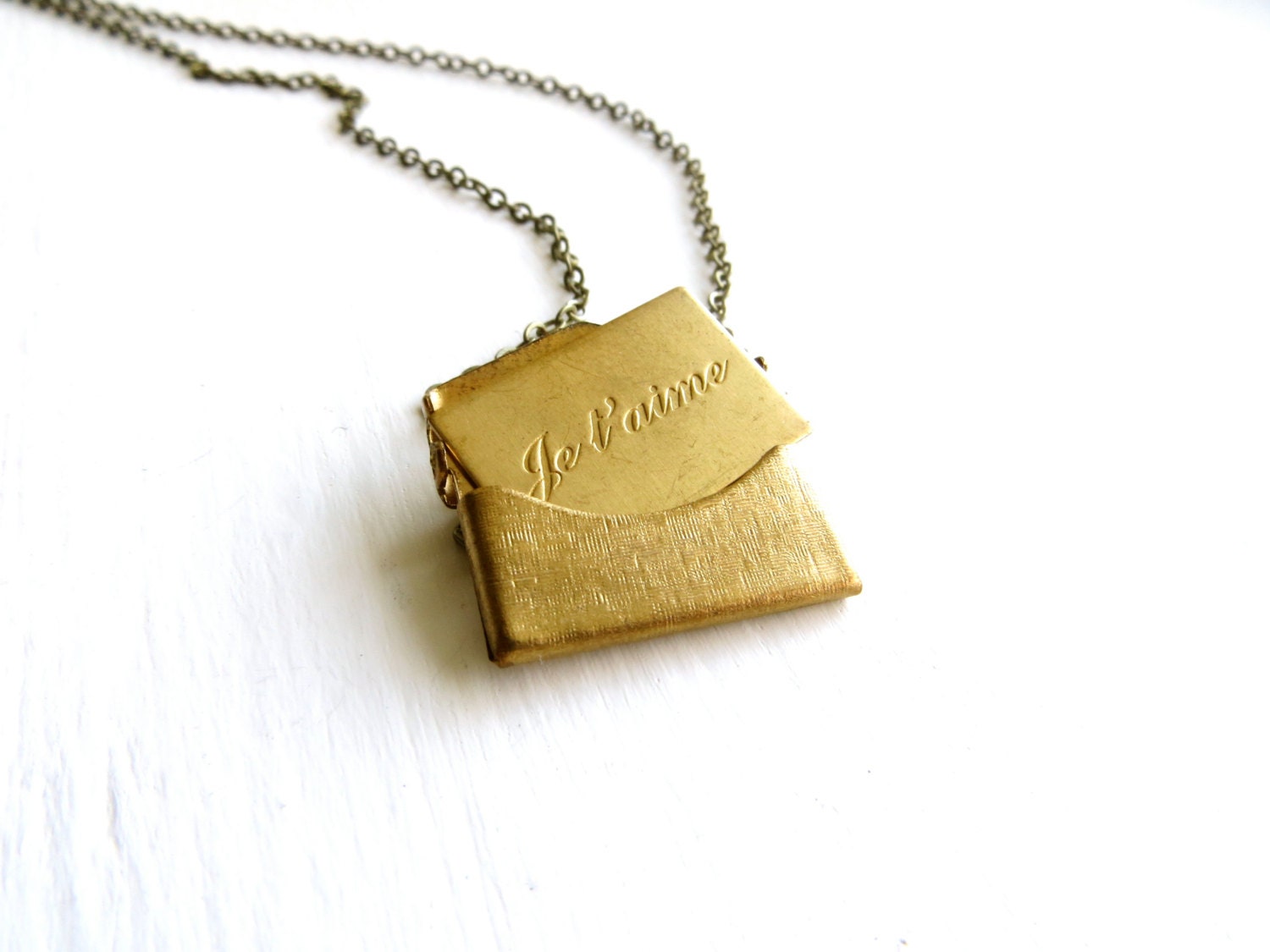 Love Letter Necklace - Mother's Day, i love you, french, je taime, gold, brass, charm, vintage inspired