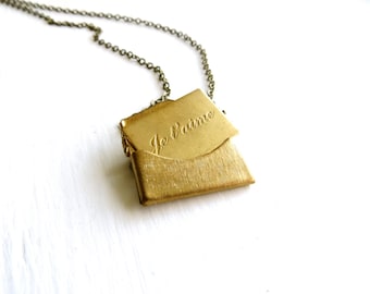 Love Letter Necklace - Mother's Day, i love you, french, je taime, gold, brass, charm, vintage inspired