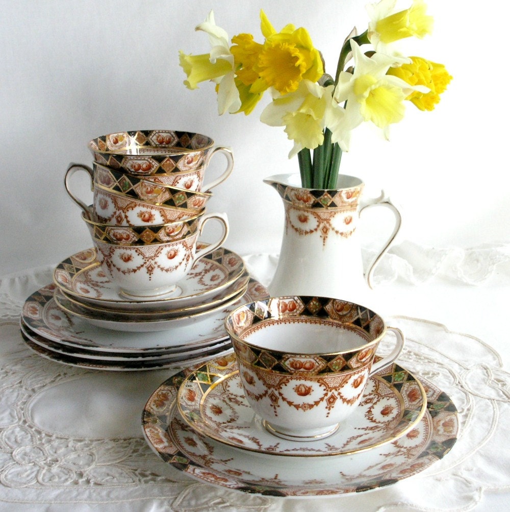 Vintage English bone china tea cup, saucer and plate: early Thames china tea set with vibrant pattern, perfect for a gift