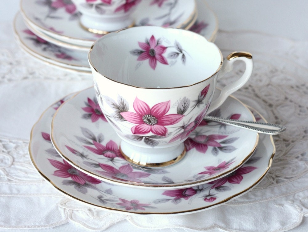 Vintage Royal Stafford tea set: pretty English bone china tea cup, saucer and plate for a special occasion