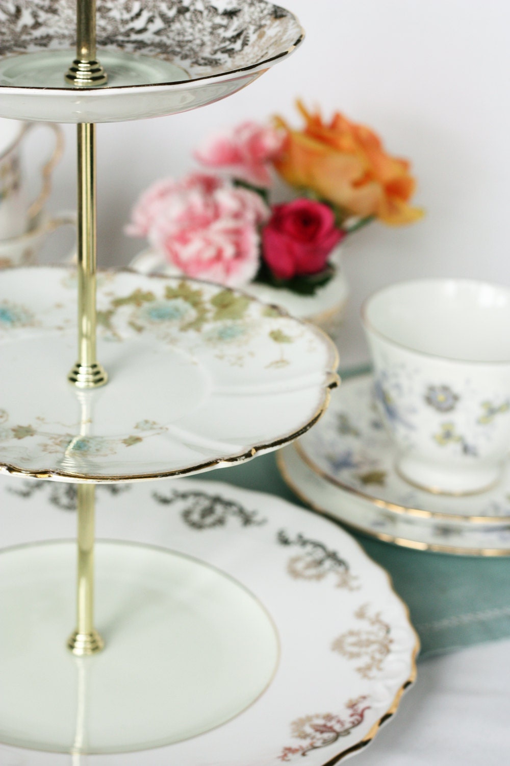 3 tier cake / cupcake stand: mint / pastel green Royal Vale with Colclough topper, a lovely tiered cake stand for a special occasion