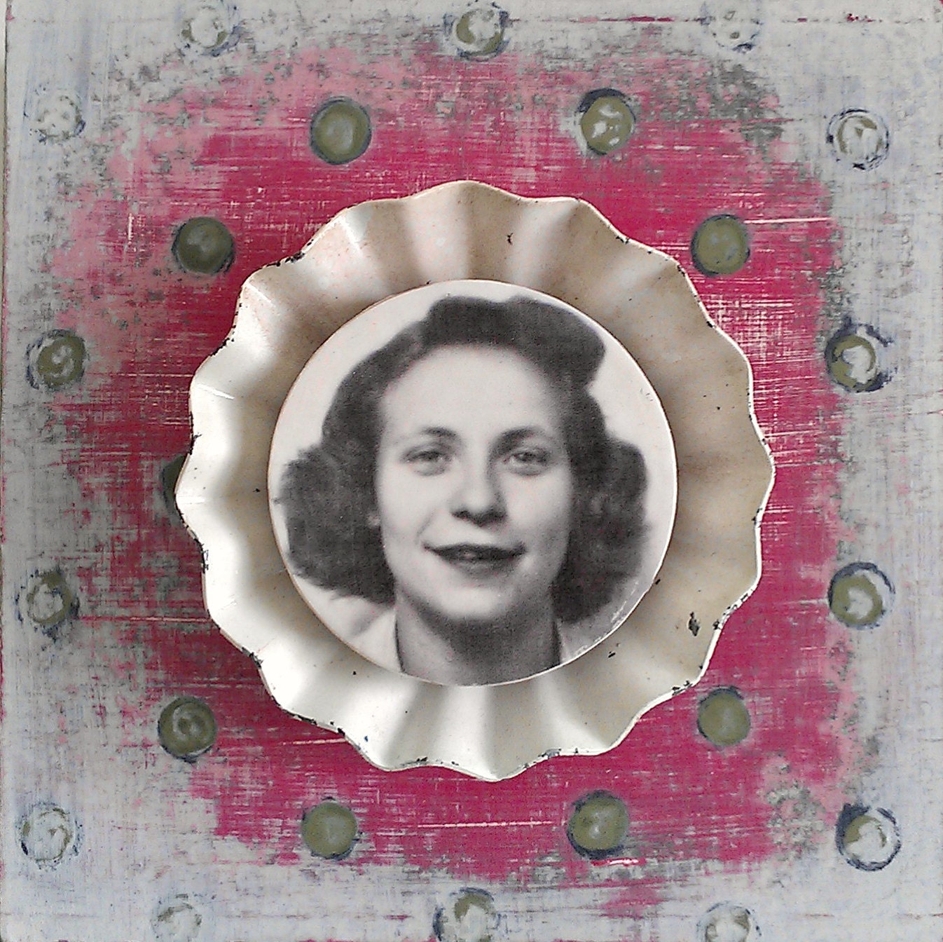 LAURAINE - Three (3) mixed media original triptych paintings on wood art panels featuring salvaged metal embellishments and vintage photos.