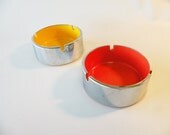 Groovy Vintage Chrome and Melamine Ash Trays // One Isamu Kenmochi and One Not // Yellow Orange 60s 70s Hip