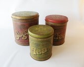 Set of Three Metal Vintage Kitchen Storage Canisters 70s / Sugar Coffee and Tea / Green Gold and Red