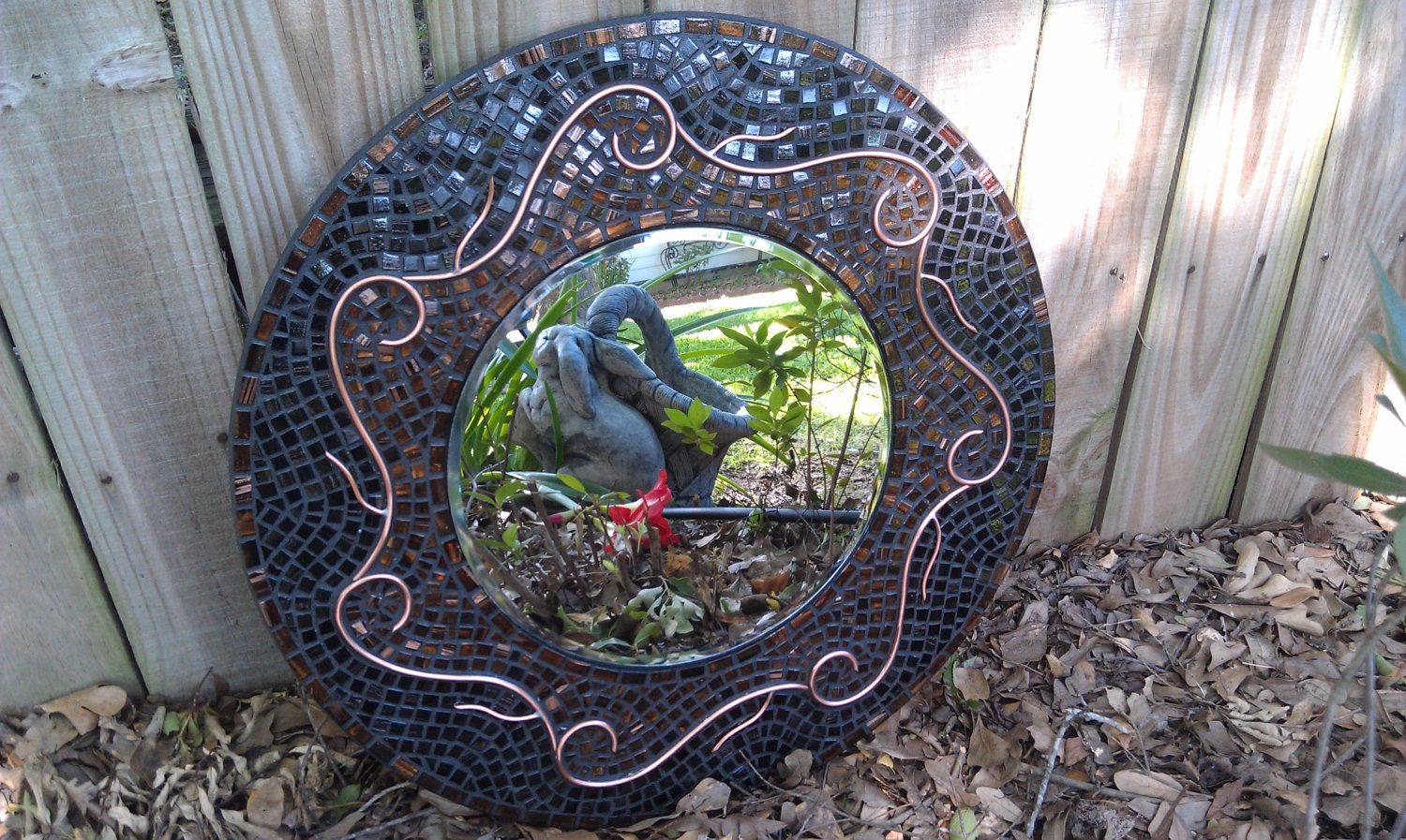 Mosaic Mirror - Unique Copper Brown and Black Glass Round Mosaic Art Mirror with Copper Wire Design