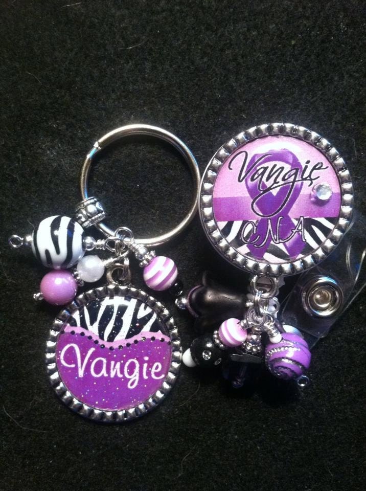 Custom Personalized Beaded Bezel Pendant and Beaded ID Badge Reel in Purple and Zebra Print