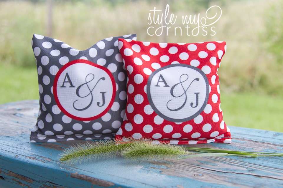 Cornhole Bags - Full Set (8 bags) -  Polka Dots w/ Monogram