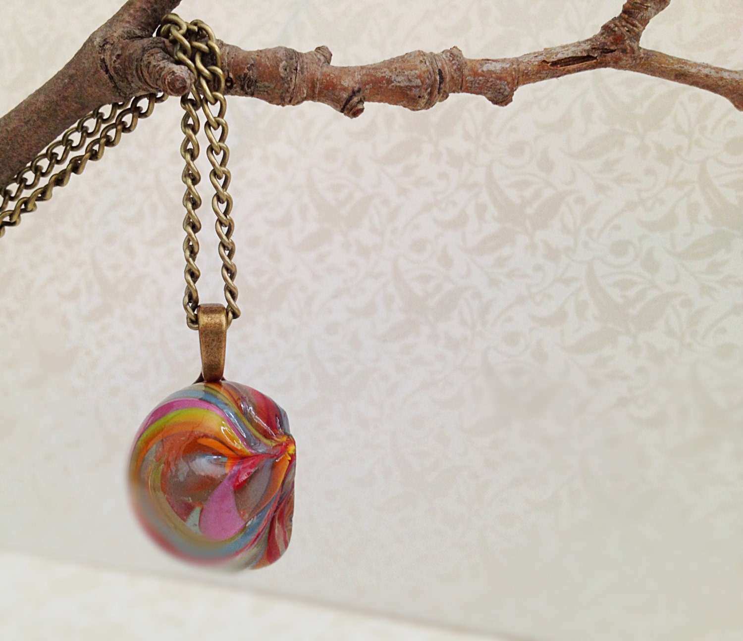 Round Glass Pendant Necklace. Swirls. Purple. Red. Blue. Green. Yellow. Antique Gold Tone Chain. Vintage Style. Simple. Gifts for Her.