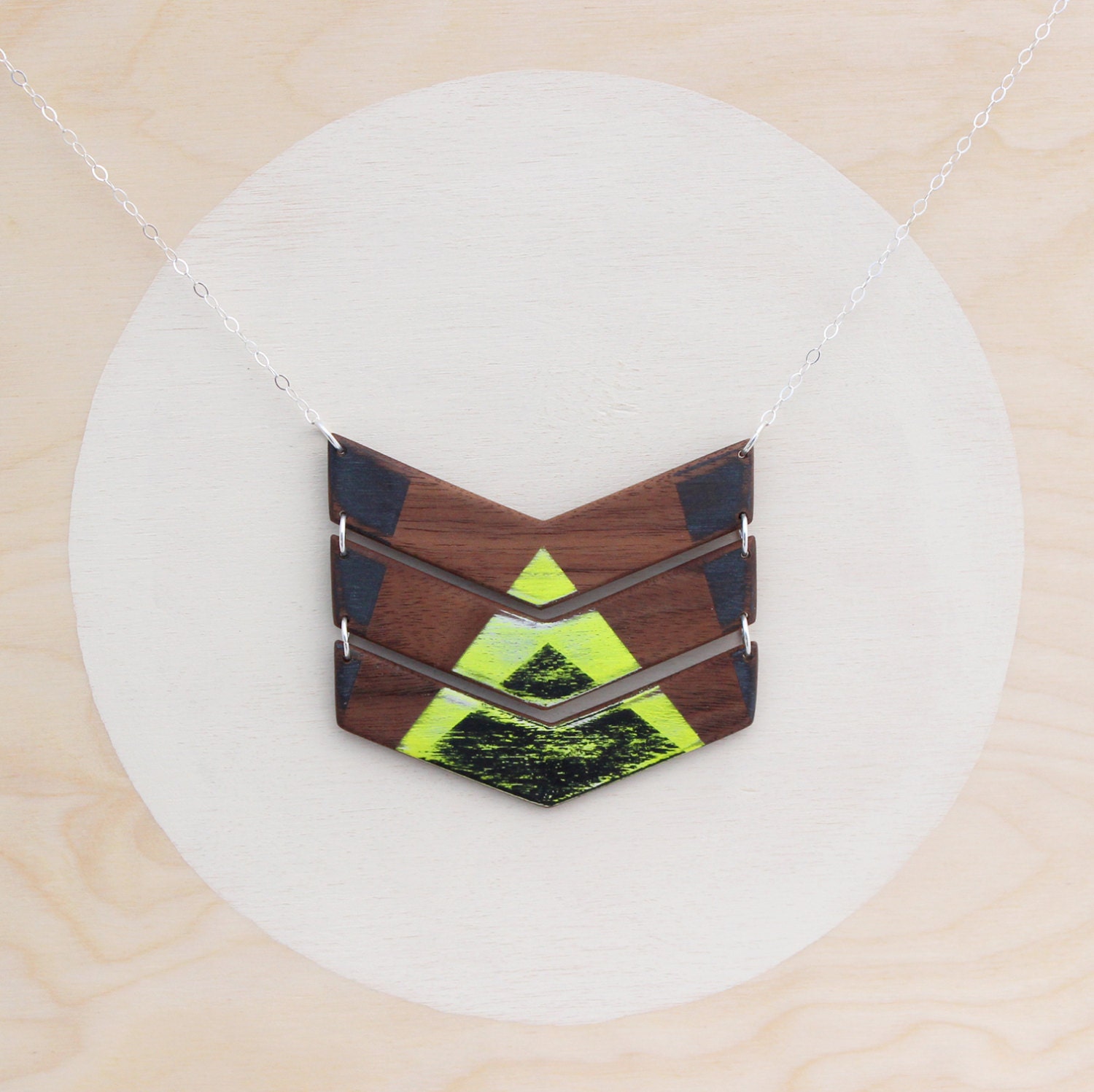 Geometric Patterns Chevron Wooden Necklace in Neon Yellow, Black, and Metallic Black