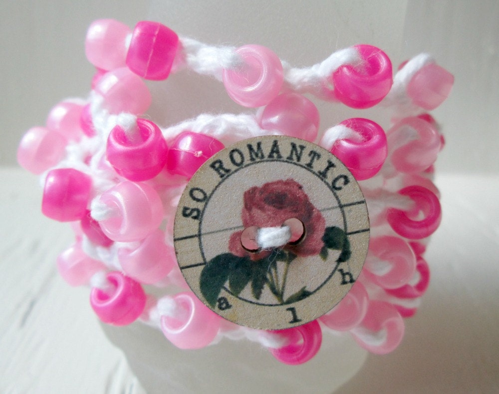 Pink Rose Romantic Wrap Bracelet, Button Closure, Crochet Cotton Jewelry