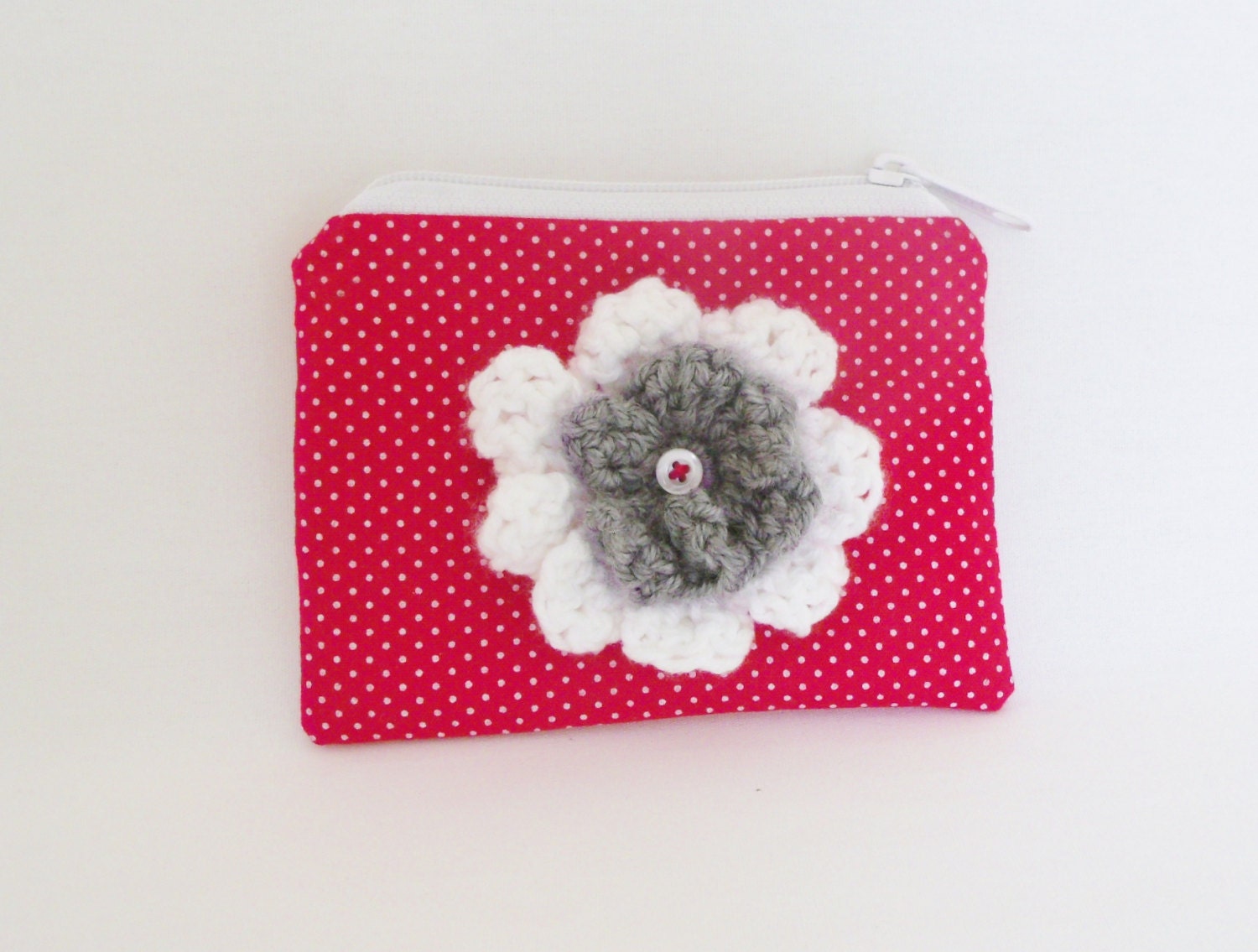 Red Dot Zipper Pouch With Crocheted Flowers - Coin Purse - Makeup Bag