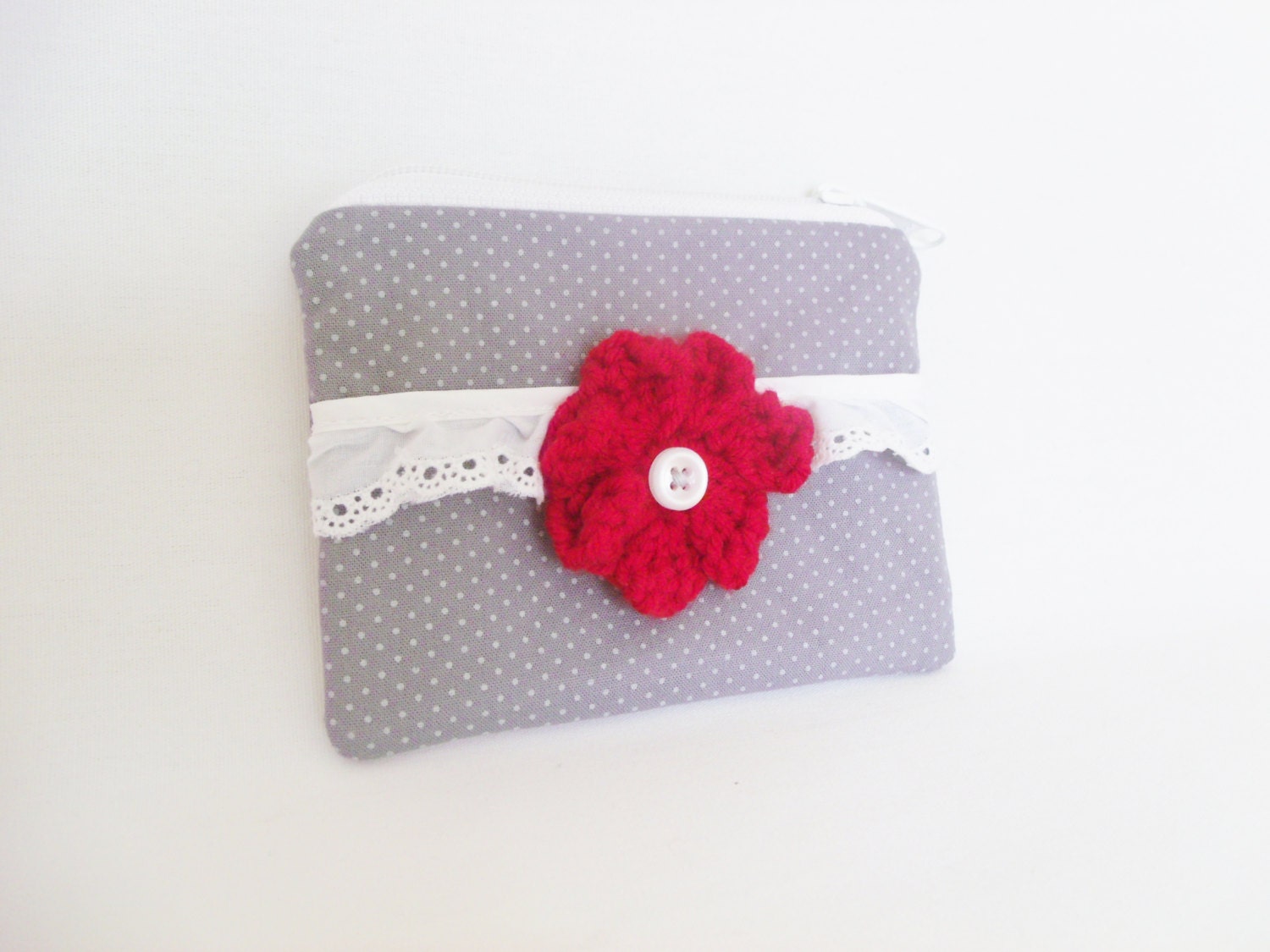 Grey Dot Zipper Pouch With Red Crochet Flower and White Eyelet Ruffle - Coin Purse - Makeup Bag