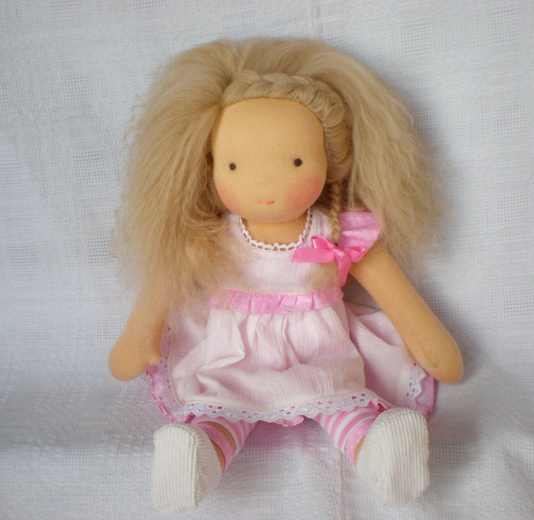 Waldorf doll 15"  DORA  reversible dress, pink and white