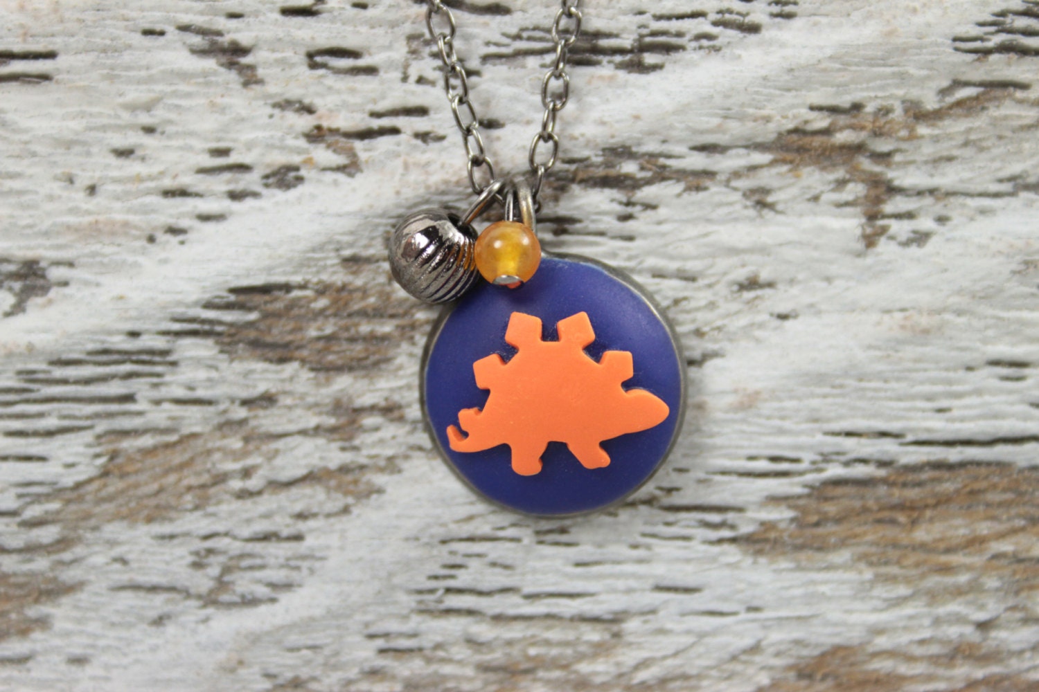 BRUCE THE STEGOSAURUS Necklace - Best Friend - Sister - Bff - Friendship - Orange and Navy Blue Dinosaur Necklace by Blissful Bird Studio