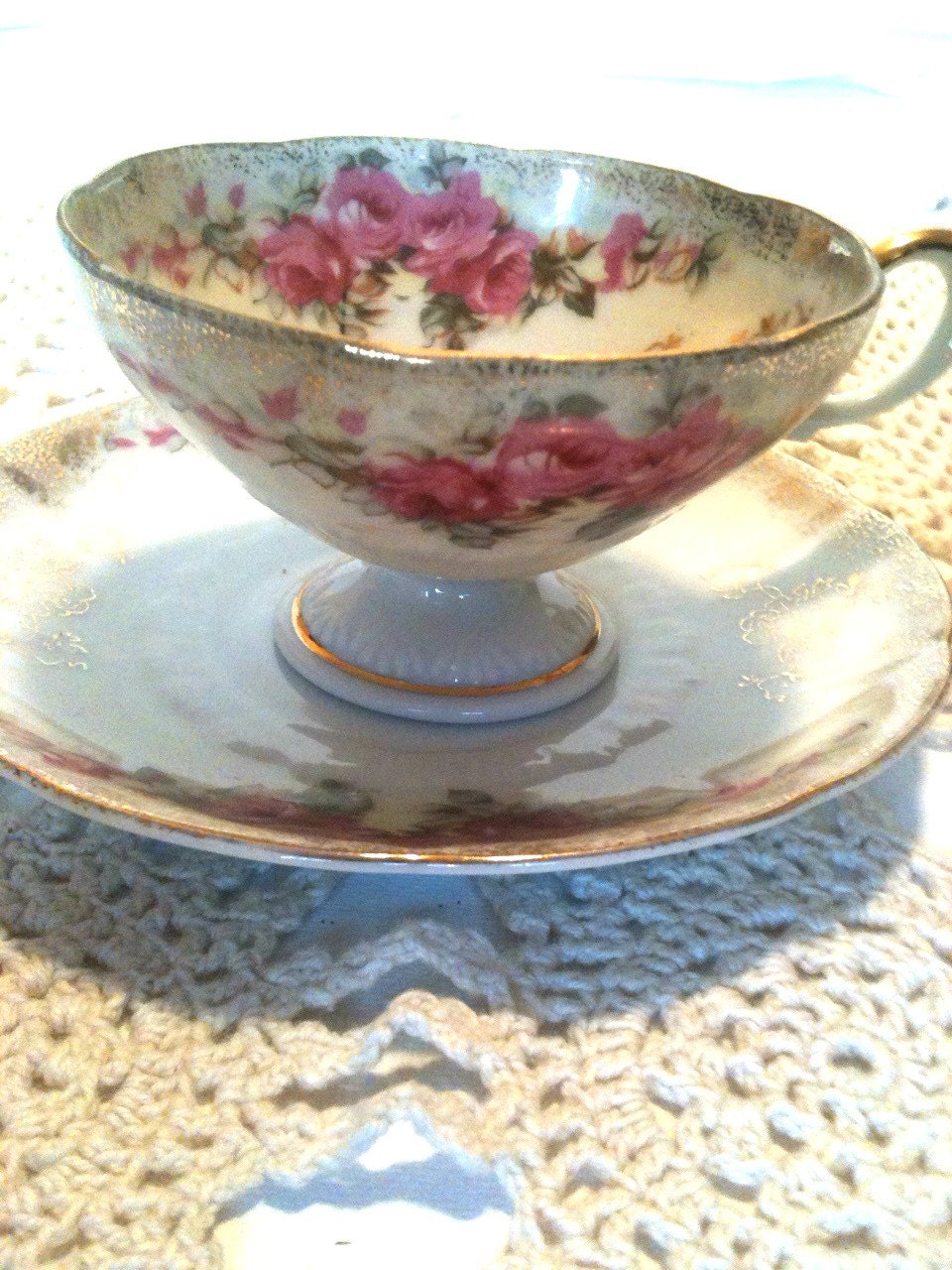 Delicate China Tea Cup and Saucer Pink Tea Roses and Gold  Vintage 1950s