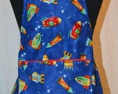 Childs Handmade Apron with Rockets Bright Royal Blue Bib Style Craft/Cooking