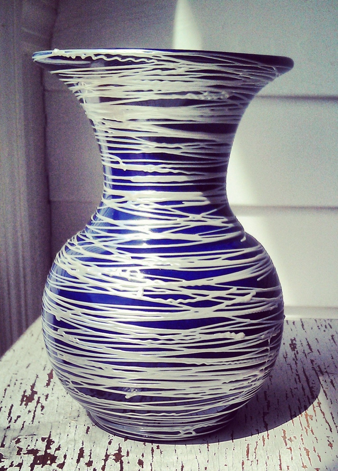Decorative Large size Vase -- Royal Blue Vase, with Intricate Pearl Hand-Painted Swirl Around Design, Embossed design